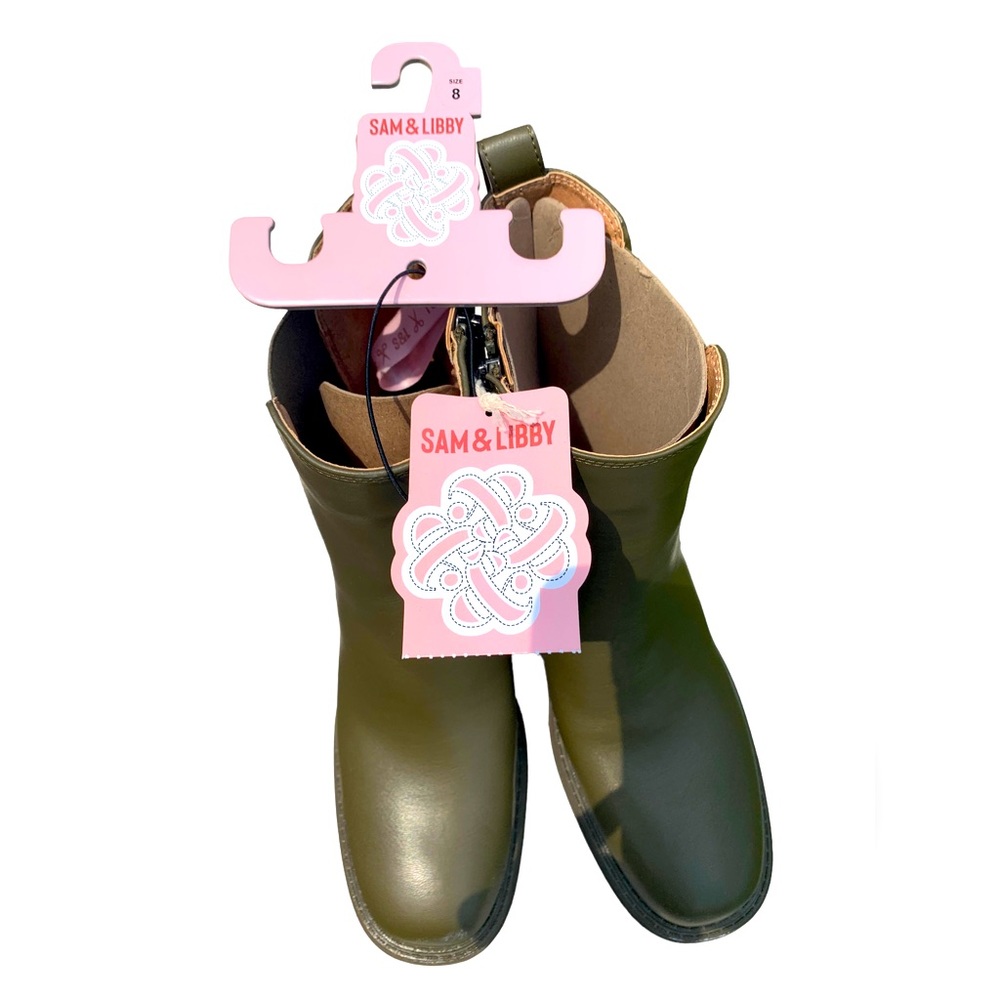Sam & Libby Chelsea Army Boots Size 8 Dark Moss Faux Leather Chunky Heels